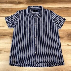 Threadbare Knit Camp Shirt Mens Large Navy Blue White Striped Short Sleeve